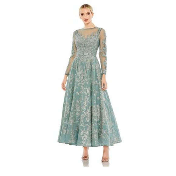 Mac Duggal Size 6 Embellished Bow Belt Illusion Long Sleeve A Line Dress in Jade - Picture 2 of 5